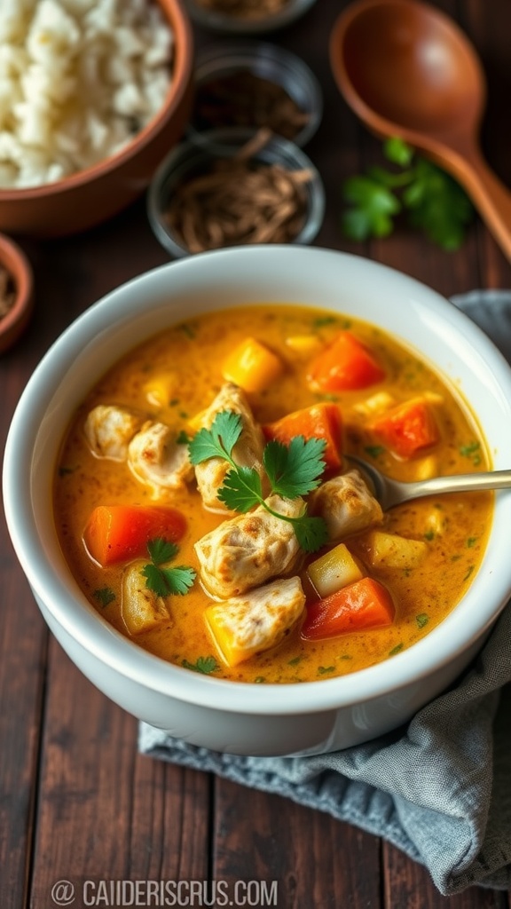 A comforting bowl of coconut curry turkey stew with mixed vegetables and cilantro, served with a side of rice.